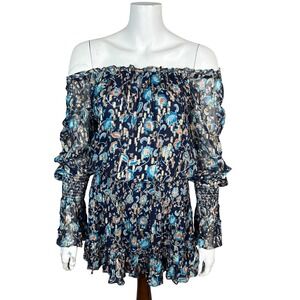 Ramy Brook smocked mini Dress XS Floral Metallic Long Sleeve Boho Blue Gold